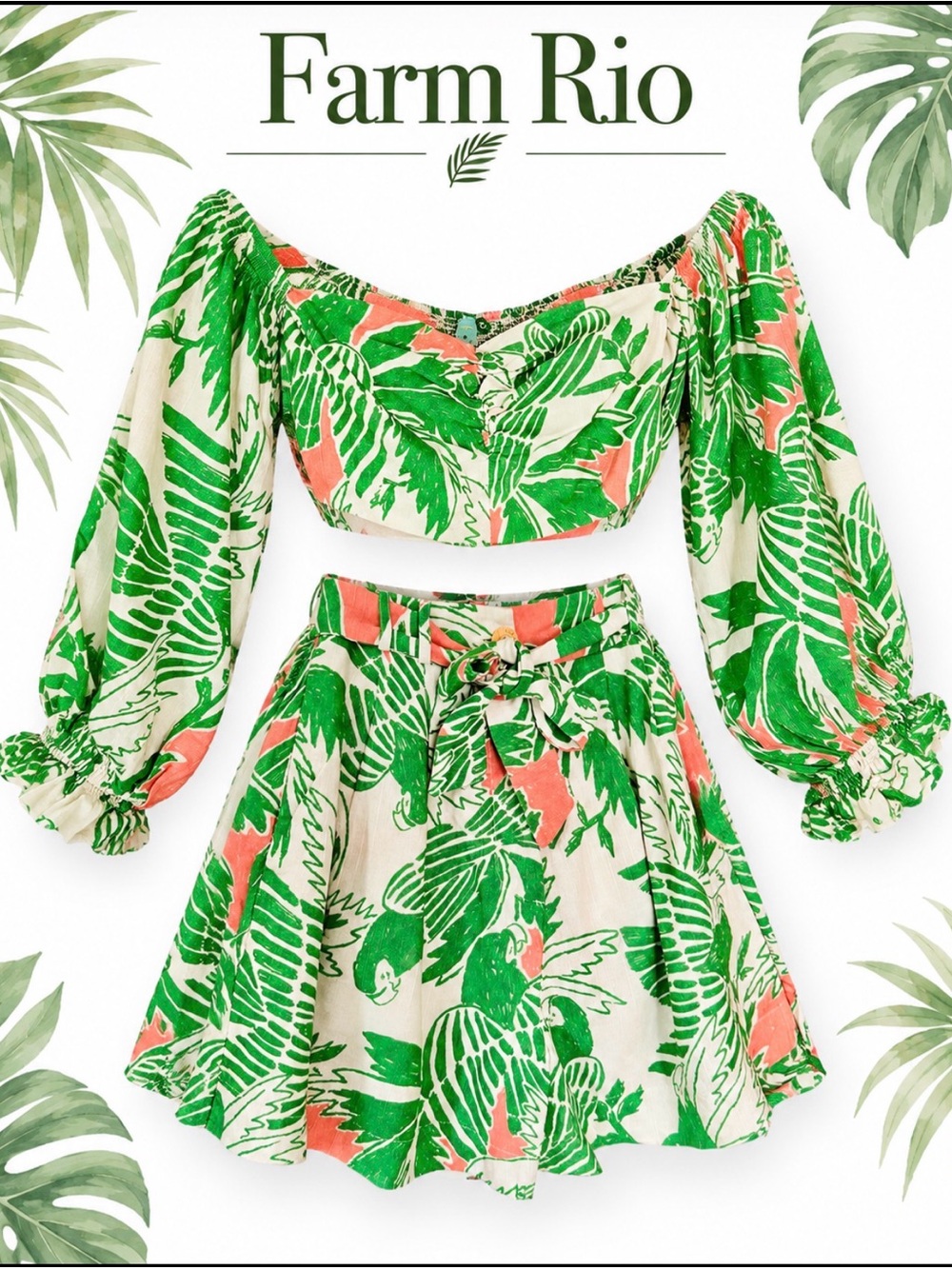 FARM Rio sz M Green & Coral Tropical Off-Shoulder Crop Top and Skirt Set